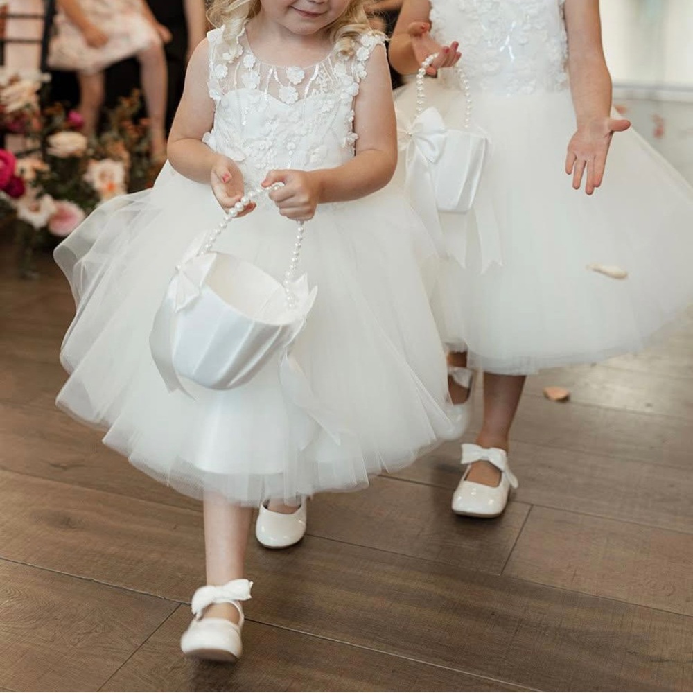 White Appliqué and Tulle Custom Flower Girl Dress with Bow Size 5T